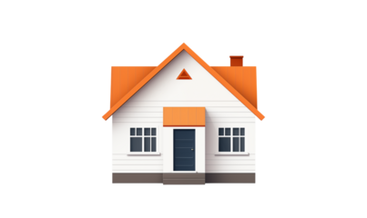 A simple cartoon house with orange roof and white siding on a transparent background in a front view png