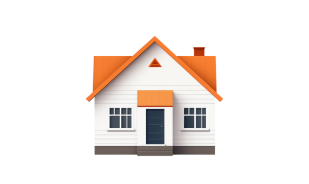 A simple cartoon house with orange roof and white siding on a transparent background in a front view png