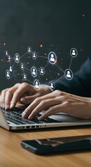 Businessman typing on laptop computer keyboard at desk in office. Client information management and analytics system. Searching and analyzing lead customer data of list.