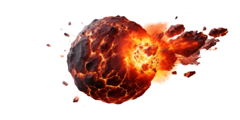 A fiery planet exploding with debris and light against a transparent background in a space scene png