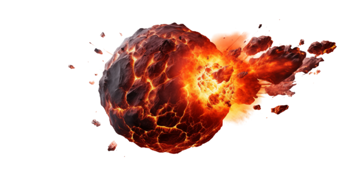 A fiery planet exploding with debris and light against a transparent background in a space scene png