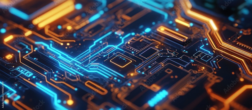 Poster intricate network pathways illustrated by luminous blue and amber lines mapping a complex electronic