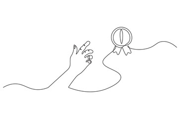 Hand with Winning badge in one continuous line drawing. Single line drawing illustration of Award winning ribbon with hand.  Symbol of a winner concept vector art. Doodle line illustration.