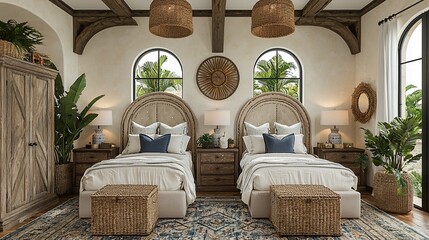 Serene Coastal Bedroom Interior Design with Twin Beds