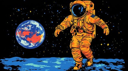 Colorful illustration of an astronaut walking on the moon, near earth.
