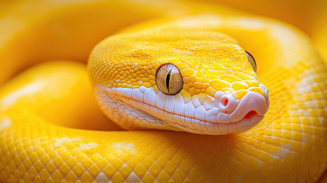 Close up of vibrant yellow python with detailed scales