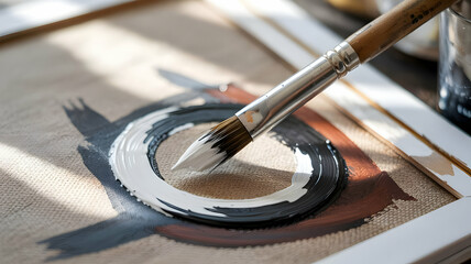 Close-Up of Paint Brush Applying White Paint on Canvas with Abstract Artistic Design