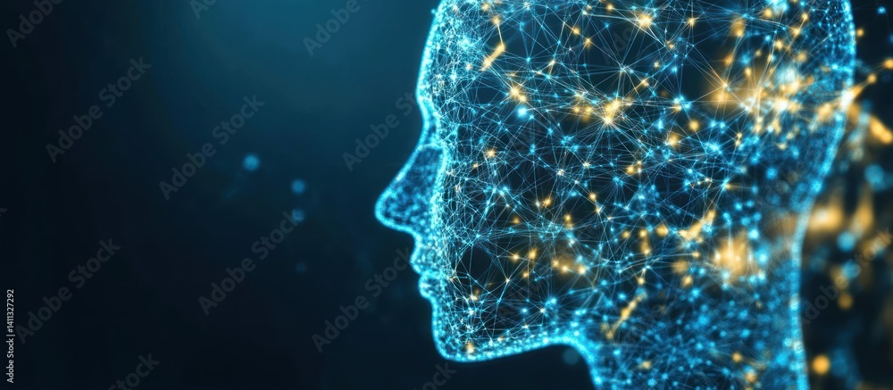 Poster an intricate digital representation of a human head composed of interconnected nodes and lines evoke