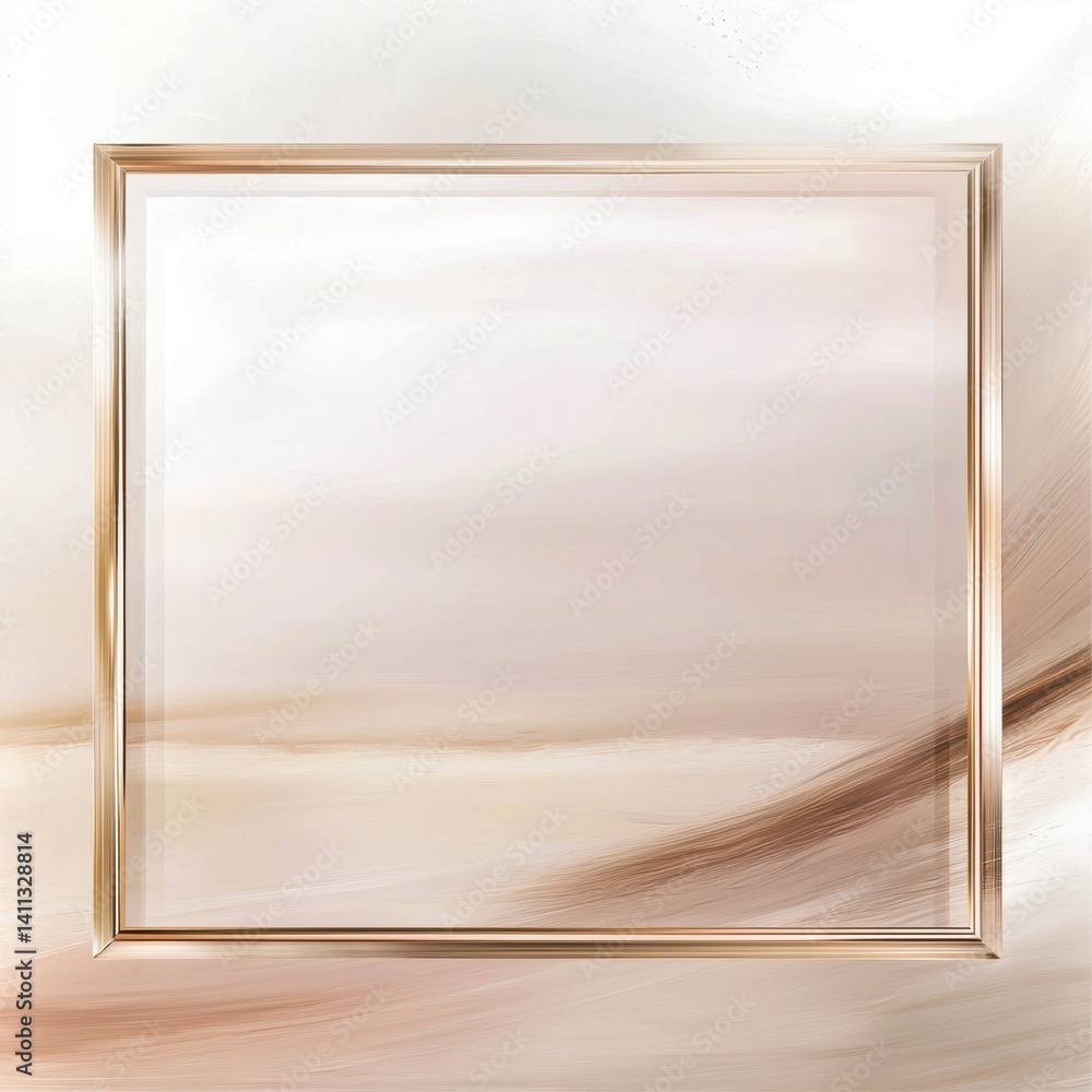 Poster elegant gold rectangular frame resting on blurred light brown and beige abstract brushstroke backgro