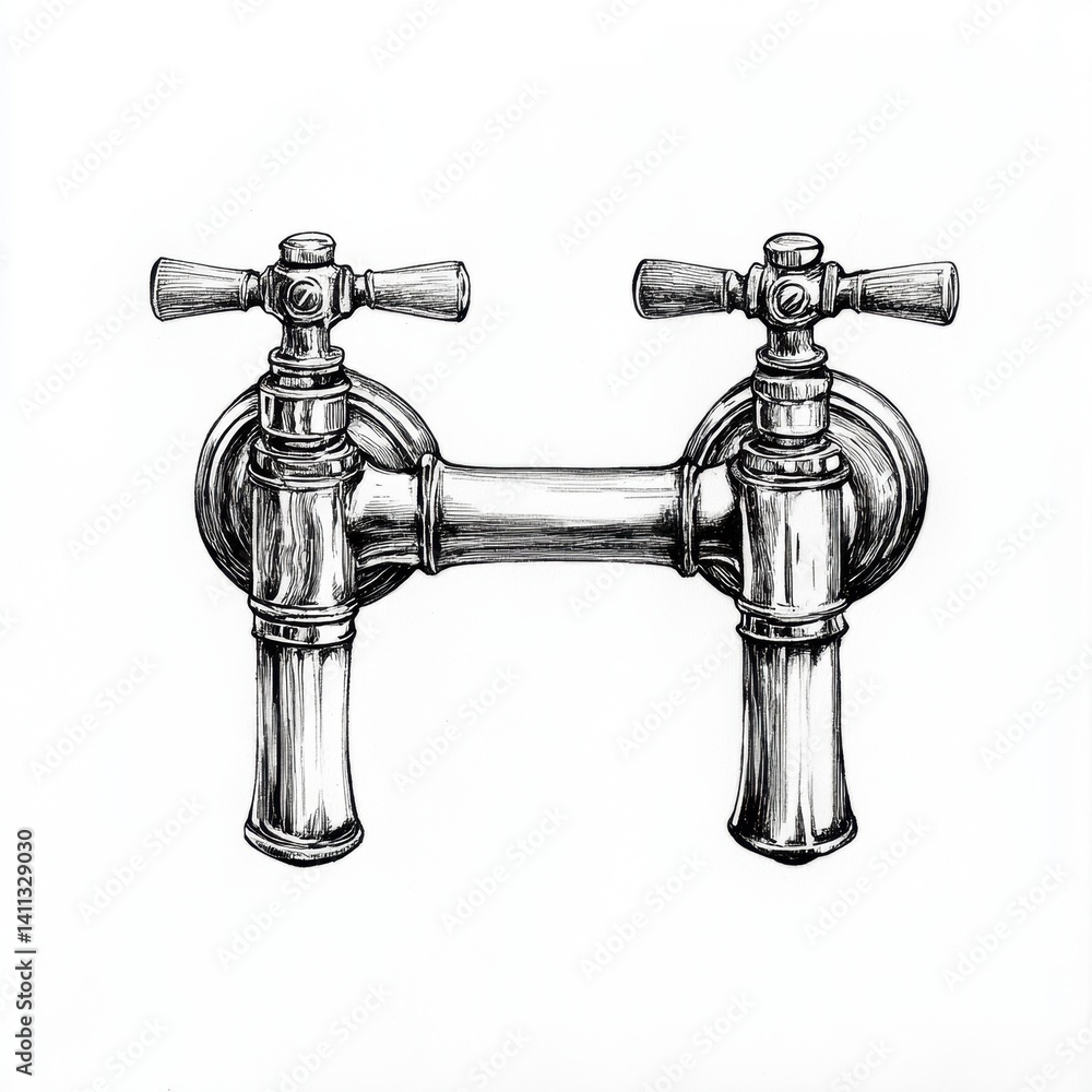 Poster a detailed sketch of a vintage-style tap with two handles, showcasing intricate design elements and 