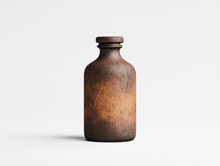 A rustic, aged bottle with a textured surface, showcasing a warm brown color, set against a minimalistic background.