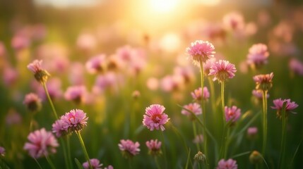Obraz premium Pink flowers in a field at sunset