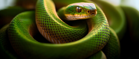 Fototapeta premium Coiled Green Snake Close-up