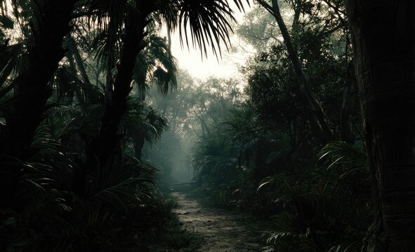 Fototapeta Dense jungle path shrouded in mist