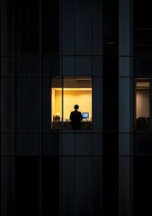Night Work in the City: A solitary figure diligently works late into the night, their silhouette framed by the glowing window of a high-rise office building, showcasing dedication in an urban setting.