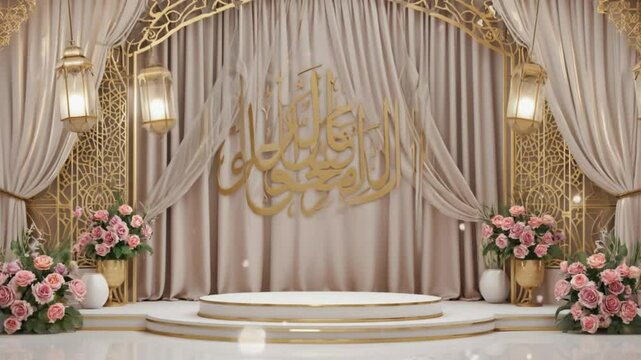 Elegant Islamic Wedding Stage Design with Calligraphy and Floral Arrangements