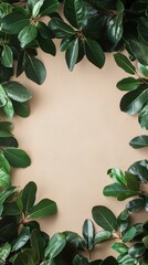 Fototapeta premium Lush Green Leaves Framing a Neutral Beige Background with Central Space Perfect for Text or Design in a Nature-Inspired Aesthetic Setting