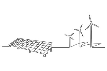 Continuous one line drawing of wind turbine and Solar panel. Single line drawing illustration of wind turbines eco energy. Renewable source energy concept vector art. Doodle line illustration.