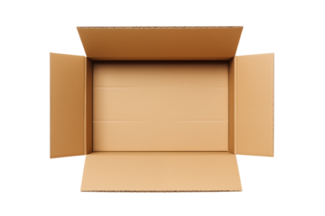An open brown cardboard box with flaps visible against a transparent background in a studio shot png