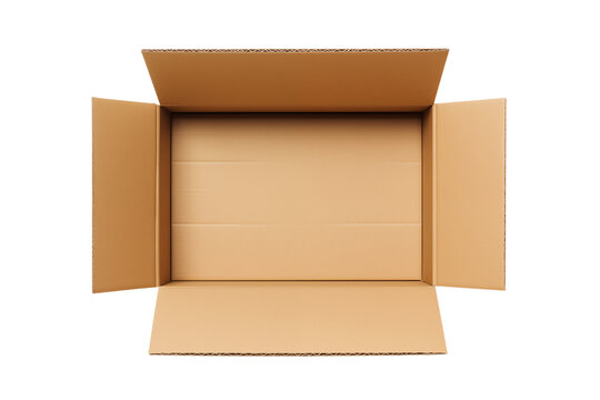 An open brown cardboard box with flaps visible against a transparent background in a studio shot png