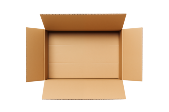An open brown cardboard box with flaps visible against a transparent background in a studio shot png