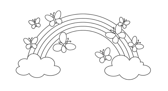 Line art coloring page a4 featuring a rainbow and butterflies for kids

