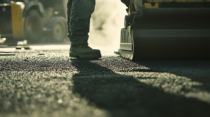 A construction worker laying down asphalt at a job site. Featuring skill and focus