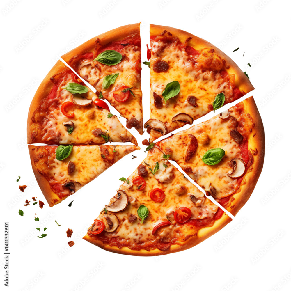 Poster a partially sliced pizza with mushrooms tomatoes basil and cheese on a transparent background overhe