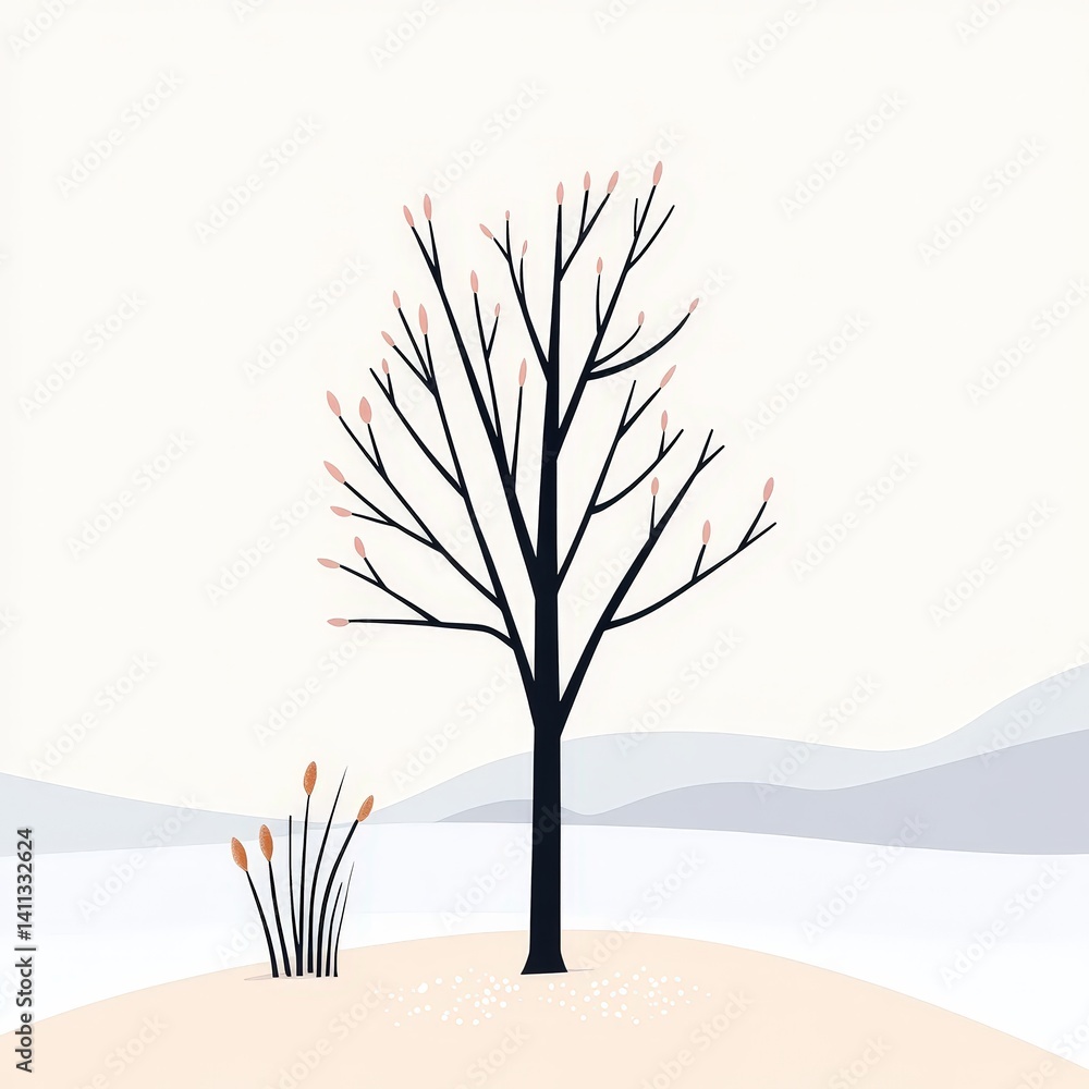 Poster minimalist art of bare tree with soft colors and simple background