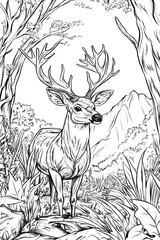 Fototapeta premium Majestic Deer in Forest: A majestic deer with large antlers stands proudly amidst lush forest foliage and mountains, in a captivating line drawing style.