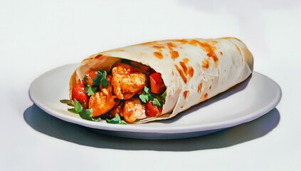 Delicious chicken wrap on a plate.  Scrumptious, savory, and flavorful