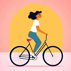 Happy Woman Riding Bicycle in Bright Colorful Illustration Style