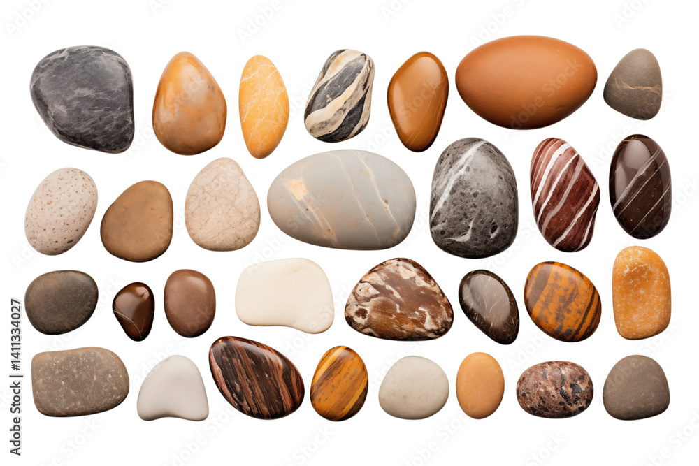 Poster assortment of smooth stones and pebbles displayed in a rectangular arrangement on a transparent back