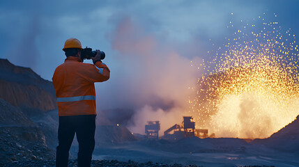 Mining supervisor observing a large blast operation from a safe distance. Featuring safety and monitoring