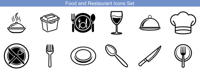 Food and Restaurant Icons Set Fork, Knife, Spoon, Plate, Menu, Chef Hat