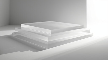 Stack of transparent glass sheets with subtle etched layers symbolizing hierarchical subcategories, minimalist concept for organization and structure visualization.