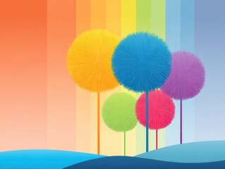Obraz premium A vibrant, abstract landscape featuring colorful, fluffy trees against a gradient background of warm and cool hues.