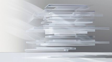 Stack of transparent glass sheets with subtle etched layers symbolizing hierarchical subcategories, minimalist concept for organization and structure visualization.