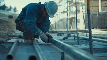 A construction worker laying pipes for plumbing at a building site. Featuring expertise and care