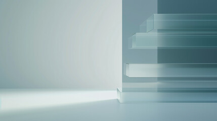 Stack of transparent glass sheets with subtle etched layers symbolizing hierarchical subcategories, minimalist concept for organization and structure visualization.