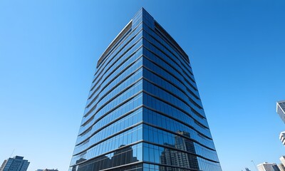 Obraz premium A tall skyscraper is reflecting buildings in its windows.