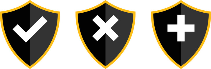 Shield plus icon set. Shield with cross icon set. safety health shield. Protect shield security symbol. Health protection shield with plus sign. Medicine shield symbol

