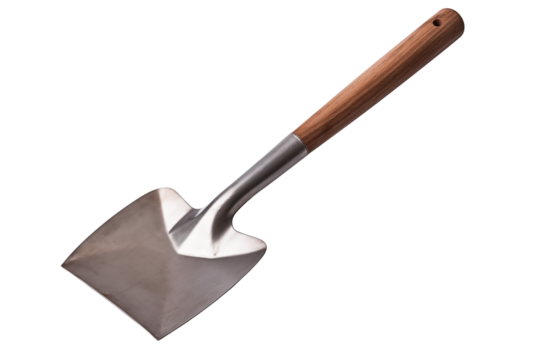 A close up shot of a silver metal wok spatula with a wooden handle on a transparent background plain and simple png