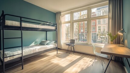 Fototapeta premium Bright, modern dorm room with bunk bed