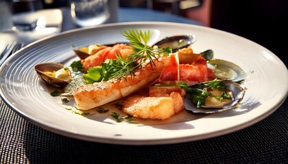 Close-up of elegant seafood on a white plate, placed slightly to the right, minimal table setting, soft shadows, blurred premium restaurant background