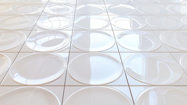 A seamless pattern of glossy white circular tiles creates a modern and elegant floor texture ideal for design projects requi clean and sophisticated aesthetics.