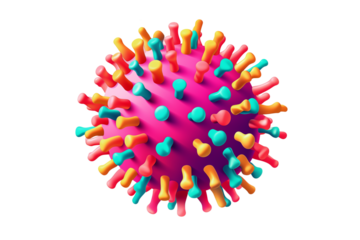 A colorful representation of a virus particle with spikes against a transparent background art rendering png