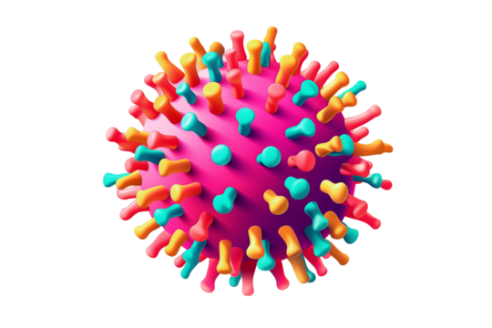 A colorful representation of a virus particle with spikes against a transparent background art rendering png - Powered by Adobe