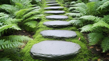 Hidden forest path surrounded by vibrant ferns and moss-covered stones