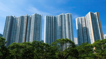 High-rise apartment buildings under clear blue skies, glass reflecting the sunlight